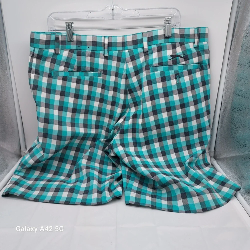 Slazenger‎ Mens Golf Shorts Size 38 Teal Black White Plaid Performance Stretch